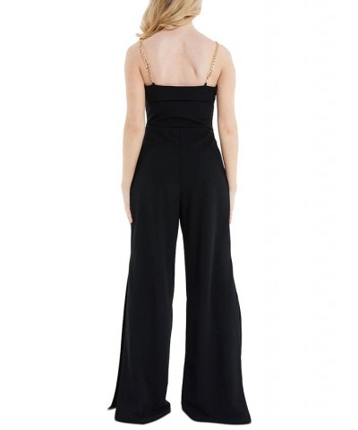 Chain Strap Wide Leg Split Hem Jumpsuit Black $14.82 Pants