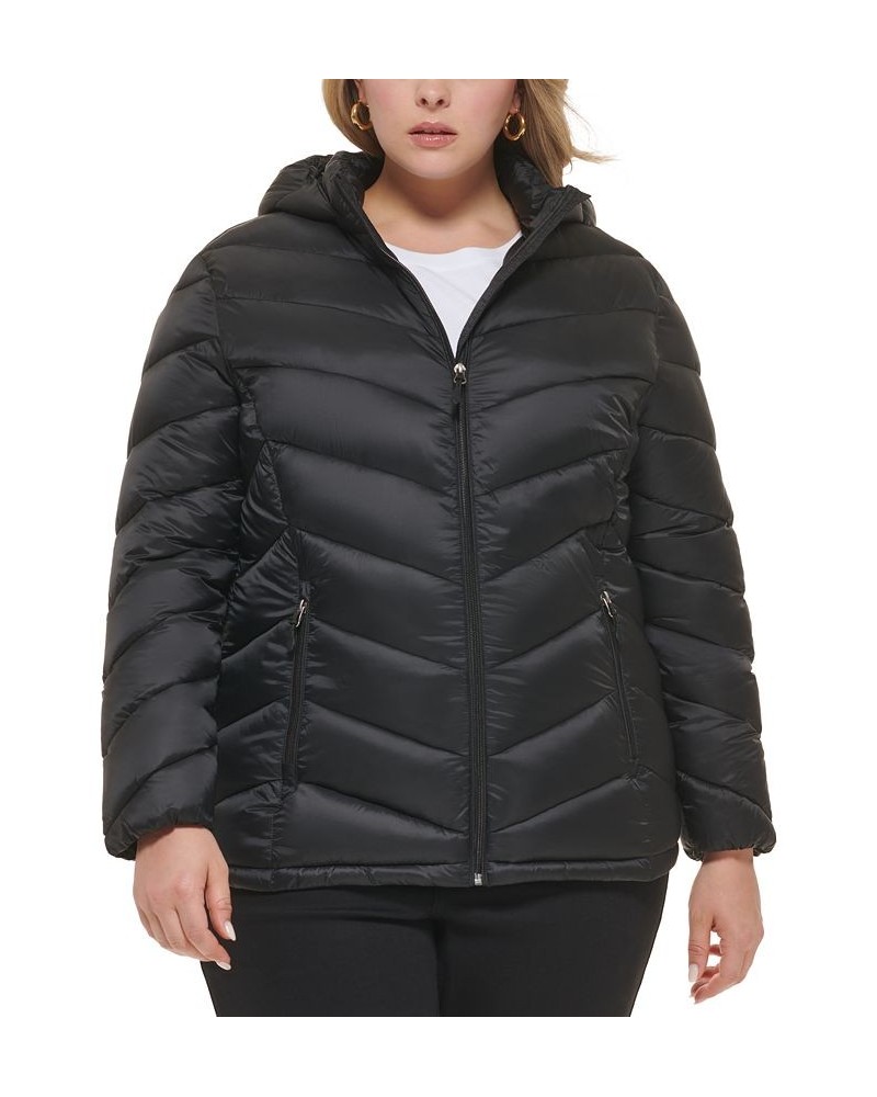 Women's Plus Size Hooded Packable Puffer Coat Black $26.40 Coats