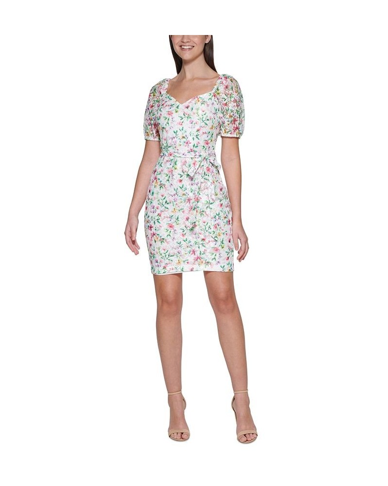 Printed Lace Puff-Sleeve Mini Dress White Multi $51.20 Dresses