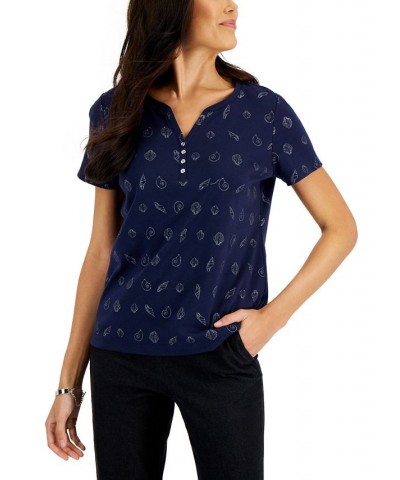 Women's Short-Sleeve Shell-Print Henley Top Intrepid Blue $10.06 Tops