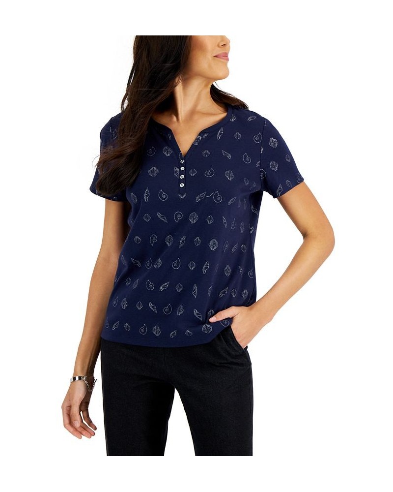 Women's Short-Sleeve Shell-Print Henley Top Intrepid Blue $10.06 Tops