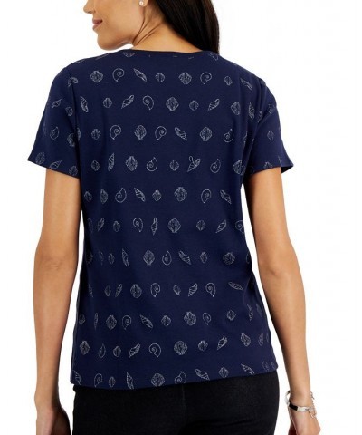 Women's Short-Sleeve Shell-Print Henley Top Intrepid Blue $10.06 Tops