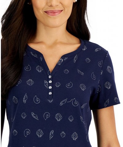 Women's Short-Sleeve Shell-Print Henley Top Intrepid Blue $10.06 Tops