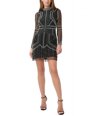 Women's Mock-Neck Beaded Mini Dress Black $67.51 Dresses