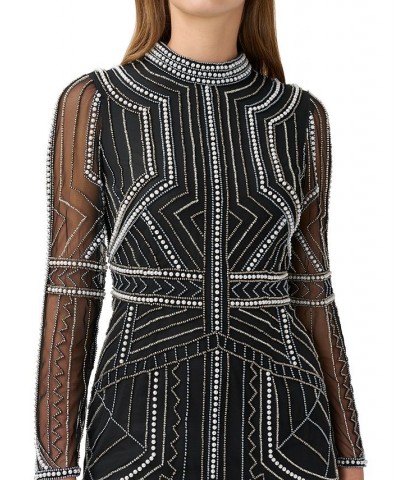 Women's Mock-Neck Beaded Mini Dress Black $67.51 Dresses