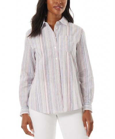 Women's Oversized Linen Striped Collar Shirt Rose Camellia Multi $37.78 Tops