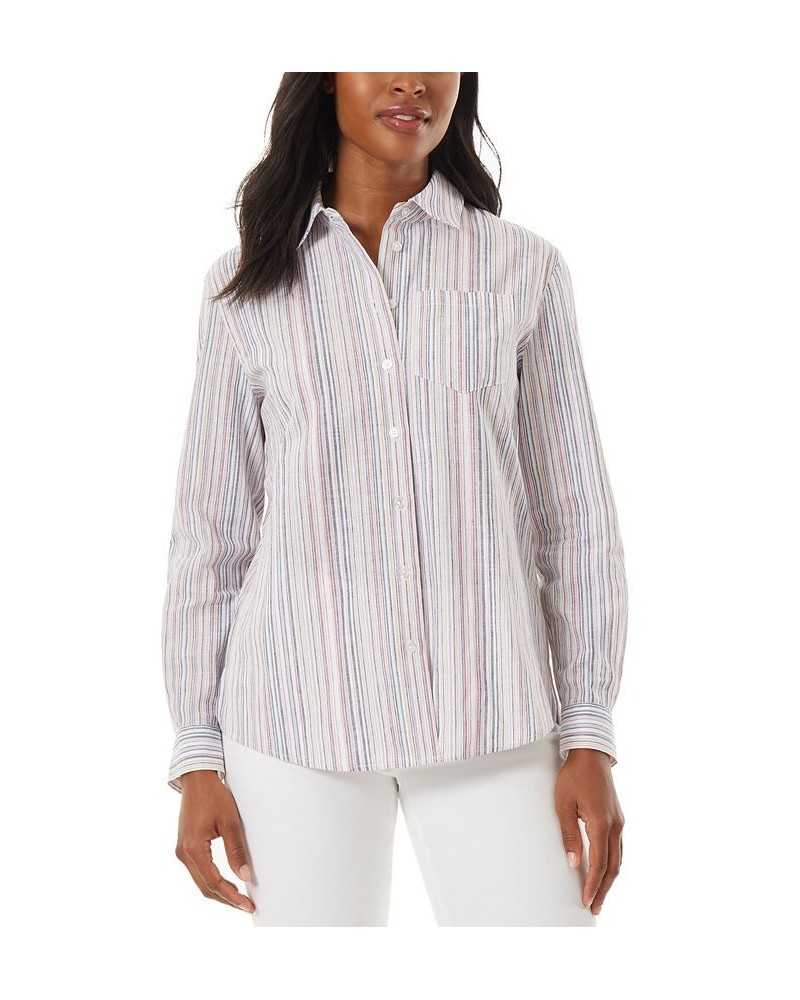 Women's Oversized Linen Striped Collar Shirt Rose Camellia Multi $37.78 Tops