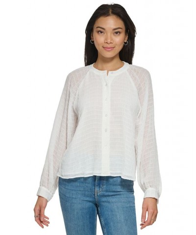 Long Sleeve Textured Chiffon Blouse White $30.58 Tops