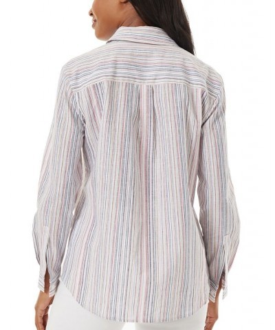 Women's Oversized Linen Striped Collar Shirt Rose Camellia Multi $37.78 Tops