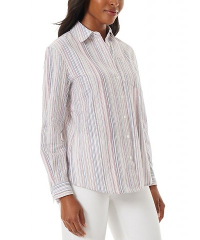 Women's Oversized Linen Striped Collar Shirt Rose Camellia Multi $37.78 Tops