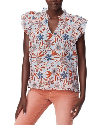 Women's Printed Rey Cotton Pleat-Sleeve Top Blue $37.38 Tops