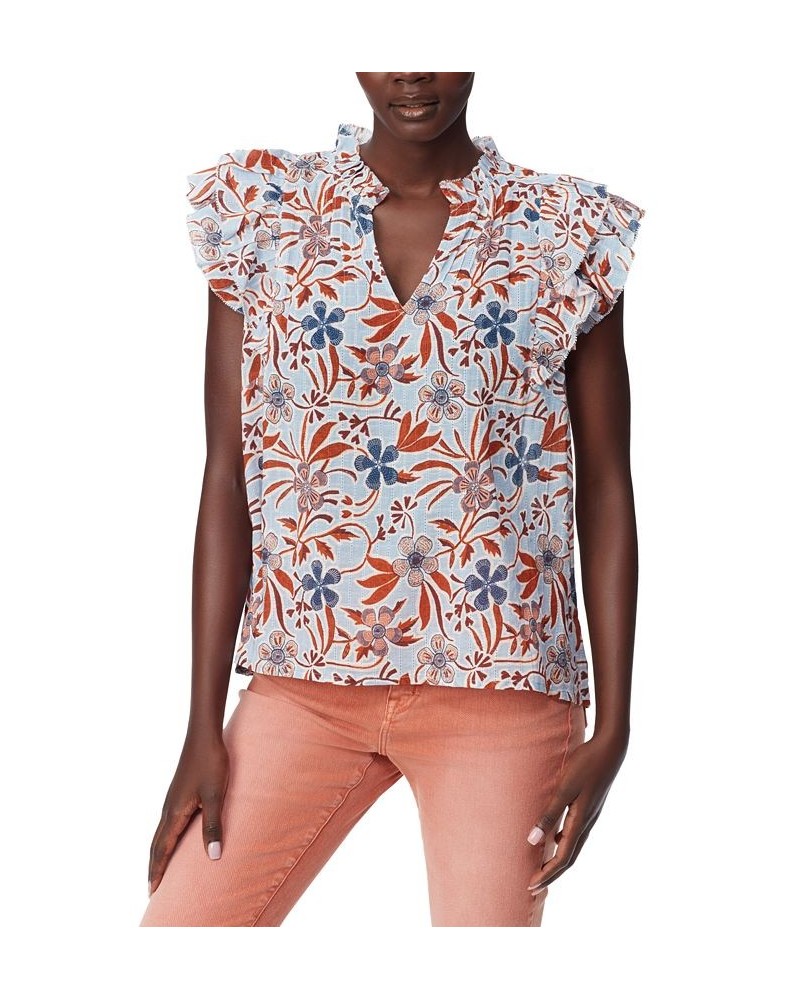 Women's Printed Rey Cotton Pleat-Sleeve Top Blue $37.38 Tops