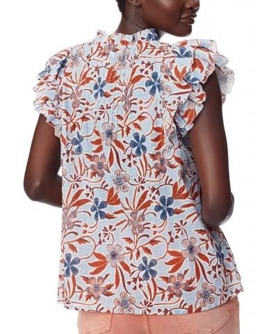 Women's Printed Rey Cotton Pleat-Sleeve Top Blue $37.38 Tops