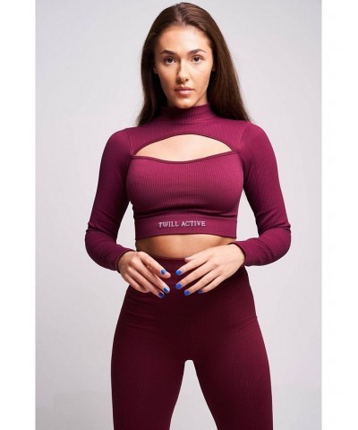 Women's Viyella Recycled Rib High Neck Long Sleeve Crop Top - Burgundy Red $35.10 Tops