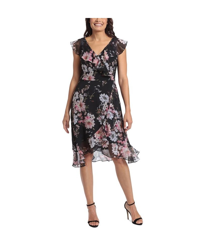 Petite Printed Ruffled Faux-Wrap Dress Black/Blush $38.15 Dresses