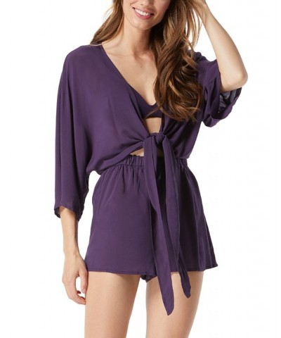 Women's Convertible Tie Romper Cover-Up Purple $48.96 Swimsuits