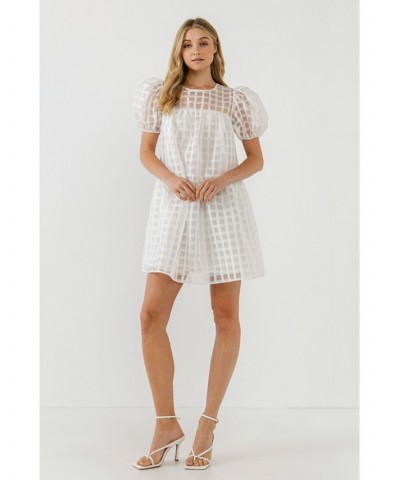 Women's Gridded Puff Sleeve Dress White $42.30 Dresses