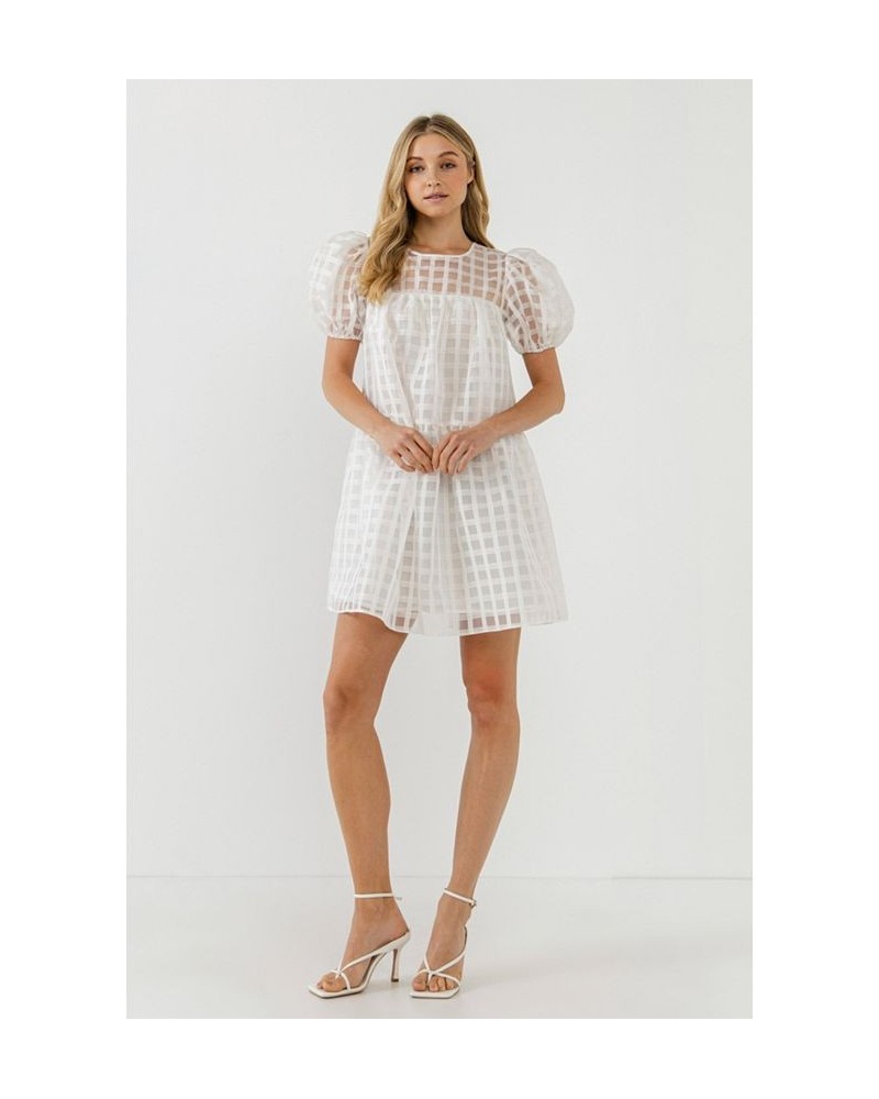 Women's Gridded Puff Sleeve Dress White $42.30 Dresses