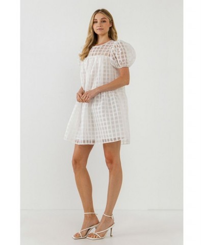 Women's Gridded Puff Sleeve Dress White $42.30 Dresses