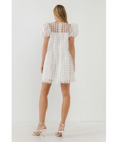 Women's Gridded Puff Sleeve Dress White $42.30 Dresses