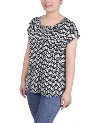 Petite Grommet Neck Knit Short Extended Sleeve Top Black White Zigzag $23.92 Tops