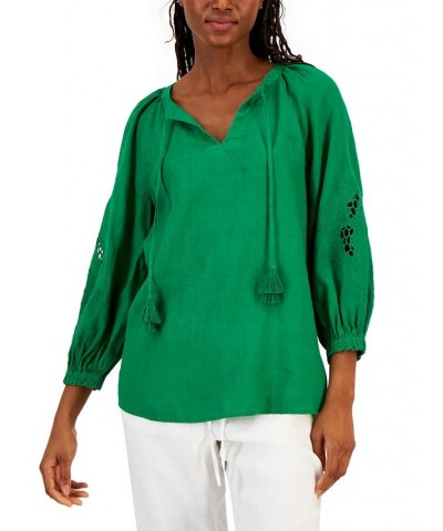 Women's Linen Embroidered Peasant Top Bright Pine $18.39 Tops