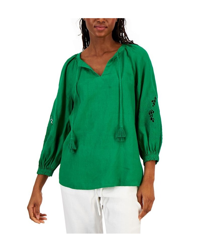 Women's Linen Embroidered Peasant Top Bright Pine $18.39 Tops