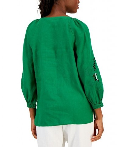 Women's Linen Embroidered Peasant Top Bright Pine $18.39 Tops