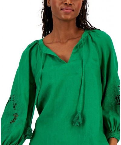 Women's Linen Embroidered Peasant Top Bright Pine $18.39 Tops