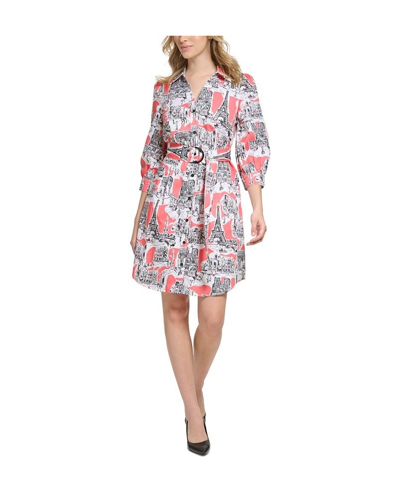 Women's Scenic Paris-Print Cotton Belted Poplin Shirtdress Coral Quartz Multi $77.42 Dresses