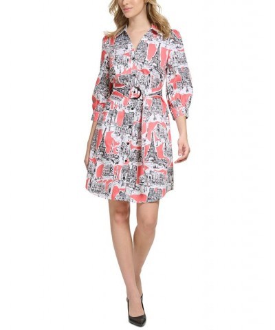 Women's Scenic Paris-Print Cotton Belted Poplin Shirtdress Coral Quartz Multi $77.42 Dresses