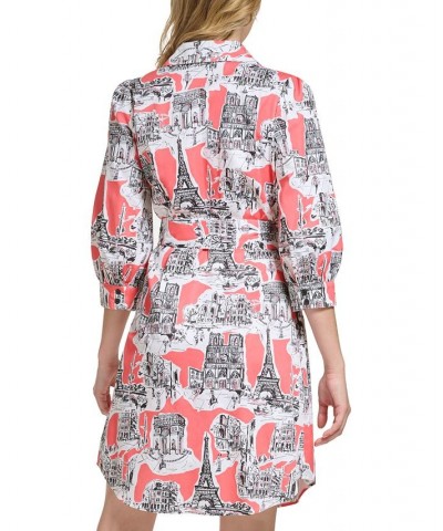 Women's Scenic Paris-Print Cotton Belted Poplin Shirtdress Coral Quartz Multi $77.42 Dresses