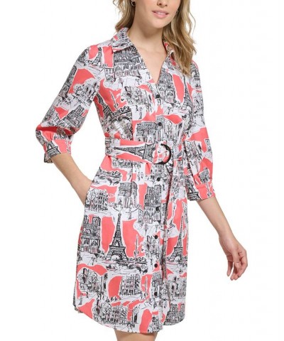 Women's Scenic Paris-Print Cotton Belted Poplin Shirtdress Coral Quartz Multi $77.42 Dresses