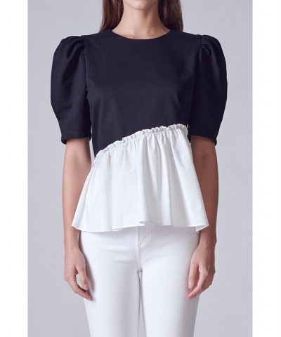 Women's Mixed Media Peplum Contrast Top Black/white $38.70 Tops