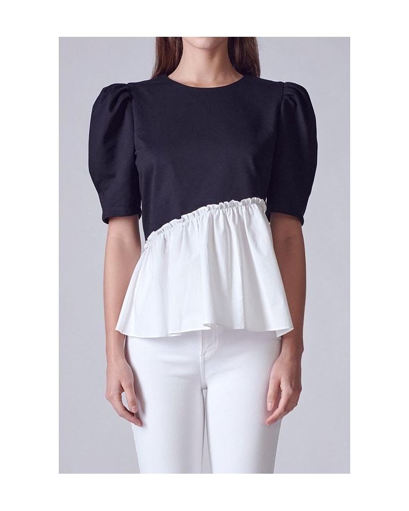 Women's Mixed Media Peplum Contrast Top Black/white $38.70 Tops