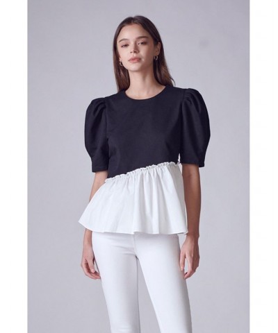 Women's Mixed Media Peplum Contrast Top Black/white $38.70 Tops