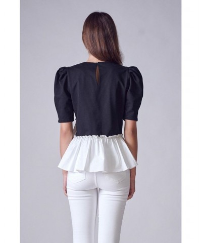 Women's Mixed Media Peplum Contrast Top Black/white $38.70 Tops