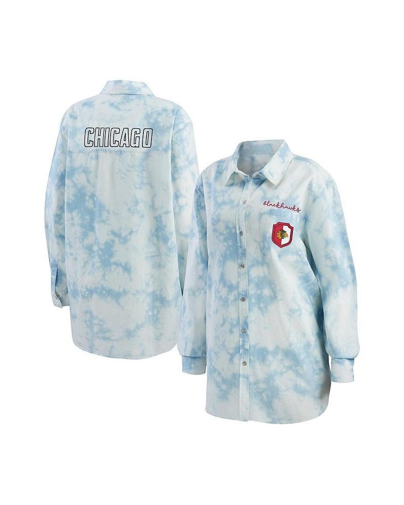 Women's White Chicago Blackhawks Oversized Tie-Dye Button-Up Denim Shirt White $37.60 Tops