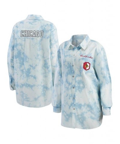 Women's White Chicago Blackhawks Oversized Tie-Dye Button-Up Denim Shirt White $37.60 Tops