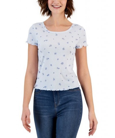 Juniors' Striped Lettuce-Edge Scoop-Neck Top Blue $11.39 Tops