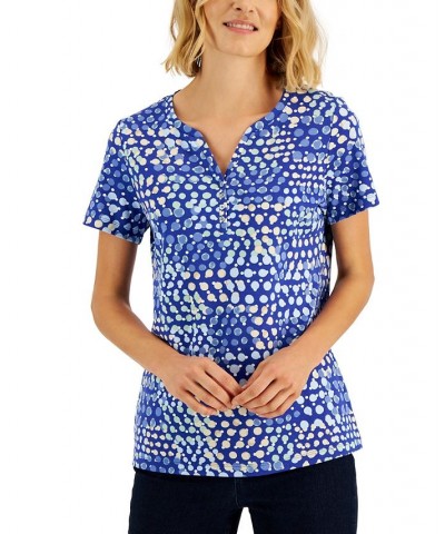 Petite Mod Dots Short-Sleeve Henley Top Ultra Blue $10.25 Tops