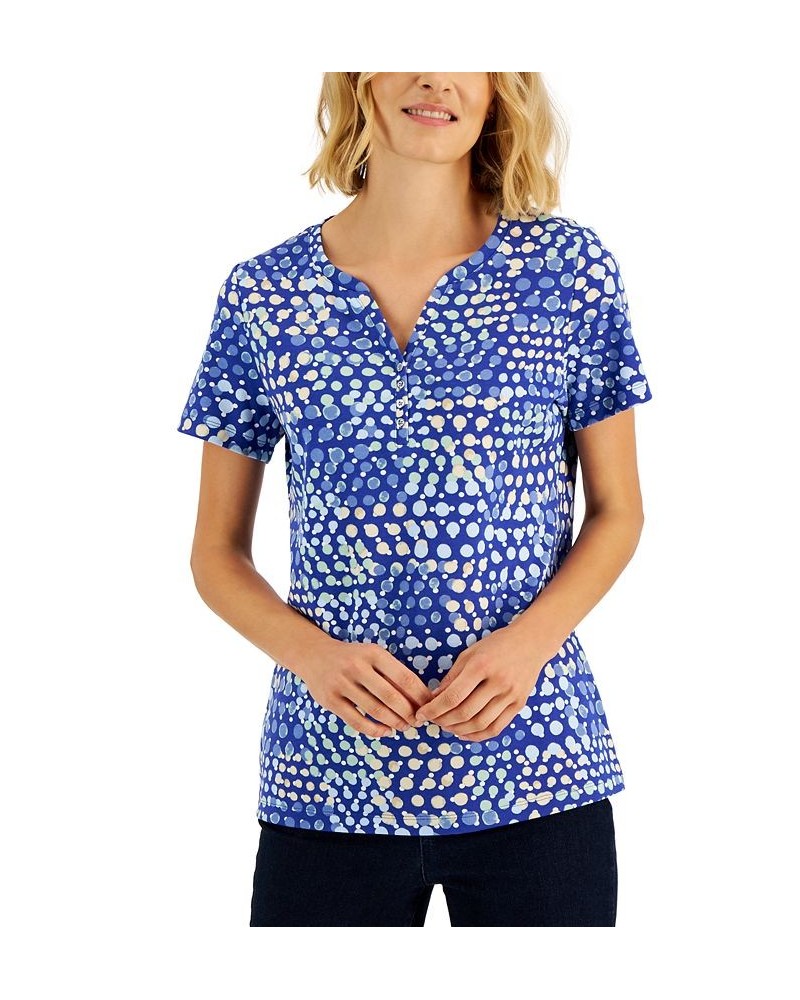 Petite Mod Dots Short-Sleeve Henley Top Ultra Blue $10.25 Tops