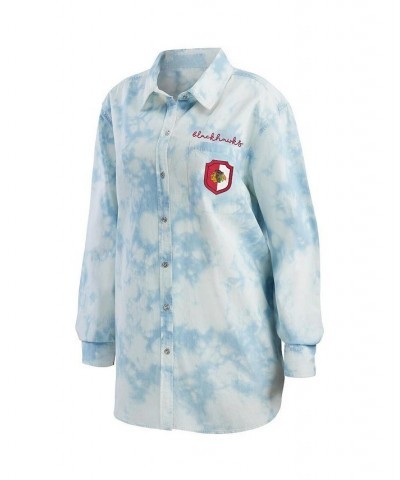 Women's White Chicago Blackhawks Oversized Tie-Dye Button-Up Denim Shirt White $37.60 Tops