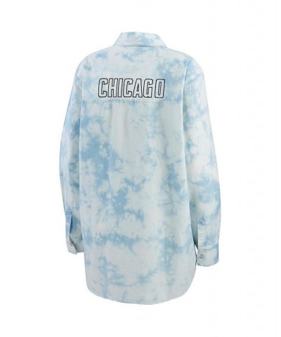 Women's White Chicago Blackhawks Oversized Tie-Dye Button-Up Denim Shirt White $37.60 Tops