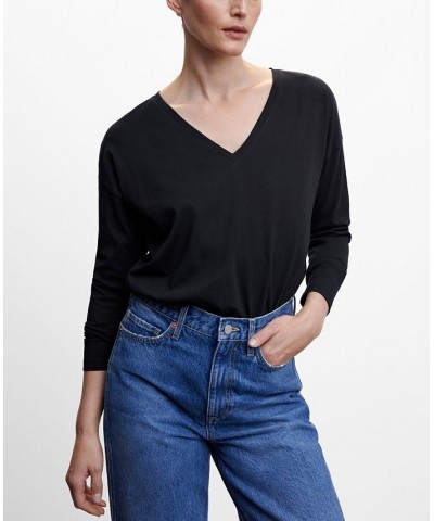 Women's V-Neck Cotton T-shirt Black $16.79 Tops