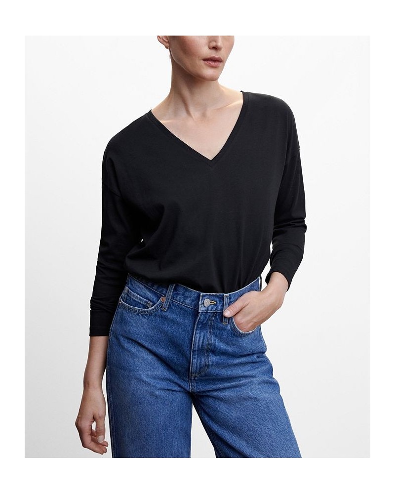 Women's V-Neck Cotton T-shirt Black $16.79 Tops