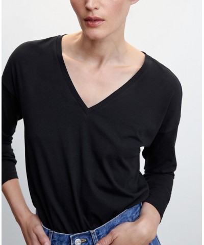 Women's V-Neck Cotton T-shirt Black $16.79 Tops