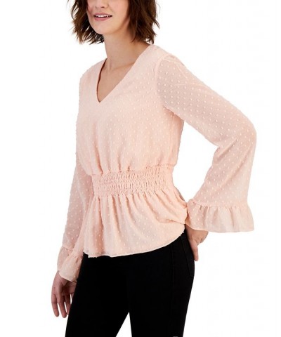 Women's Smocked-Waist Bell-Sleeve Clip-Dot Top Pink $19.75 Tops