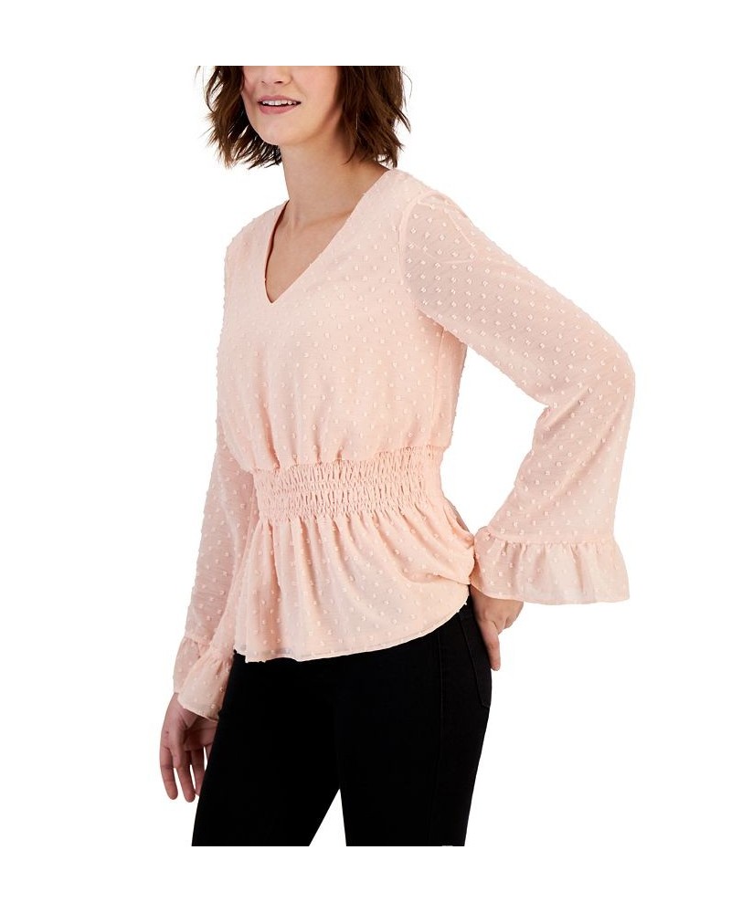 Women's Smocked-Waist Bell-Sleeve Clip-Dot Top Pink $19.75 Tops