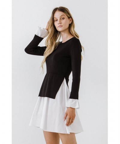 Women's Poplin Combo Knit Dress Black $31.00 Dresses